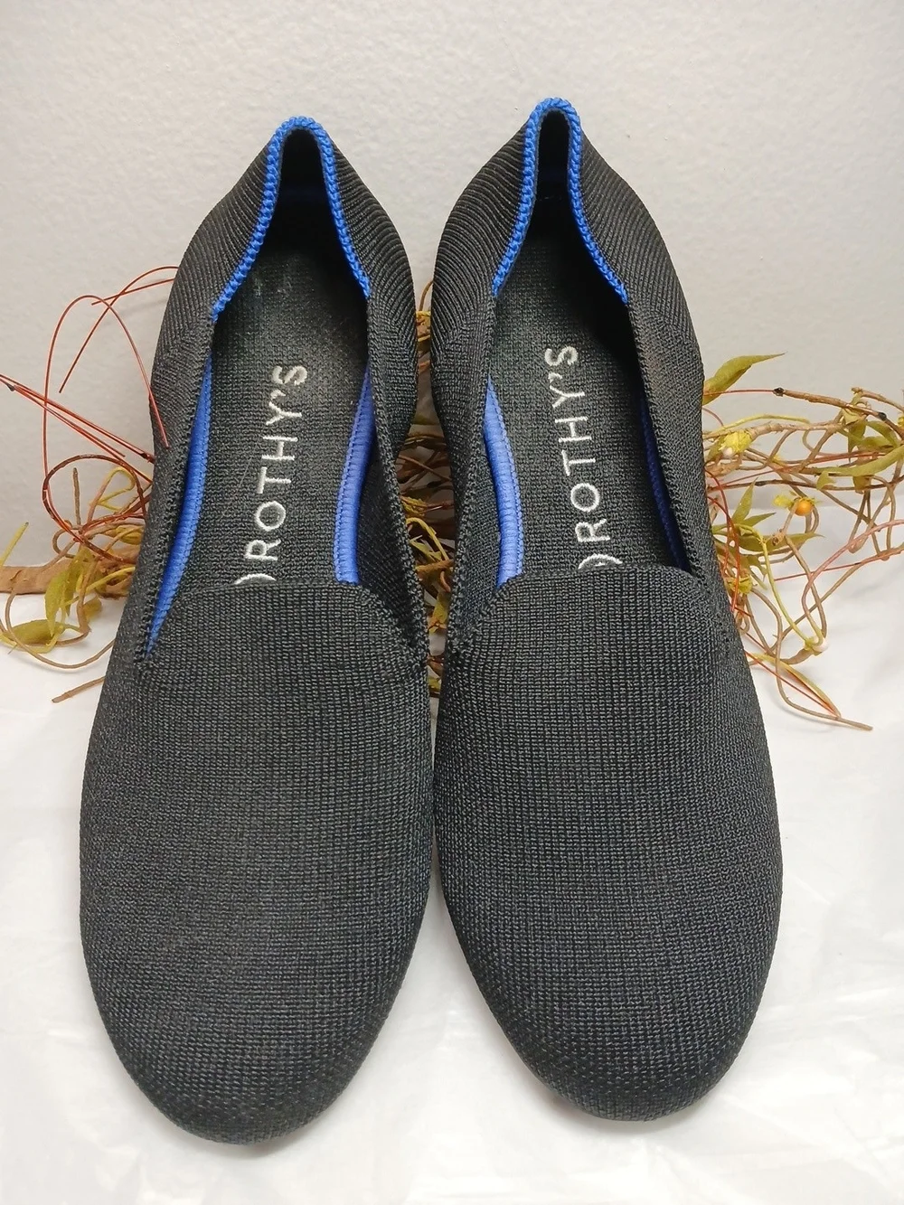 Rothy's Black Knit Slip-On Loafers with Blue Trim